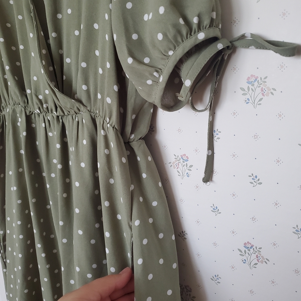 Olive Green Polka Dot Wrap Dress - Picture 4 of 4